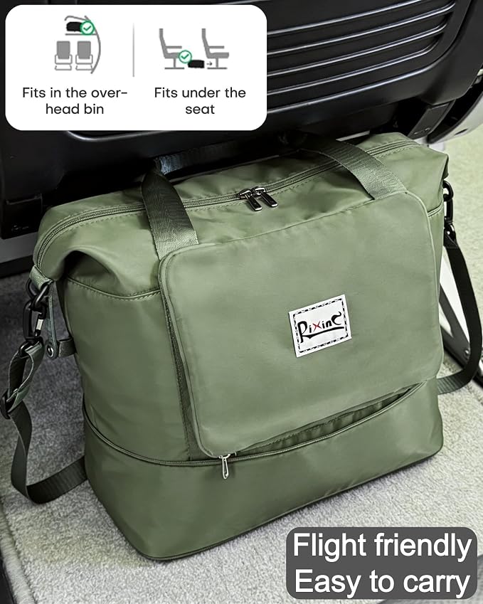 Foldable Travel Duffel Bag for Women, Olive Green | 40L Expandable Water-Resistant Carry on Bag, Personal Item Travel Bag Flight Approved with Wet Pocket for Gym Travel, Nylon - Image 4