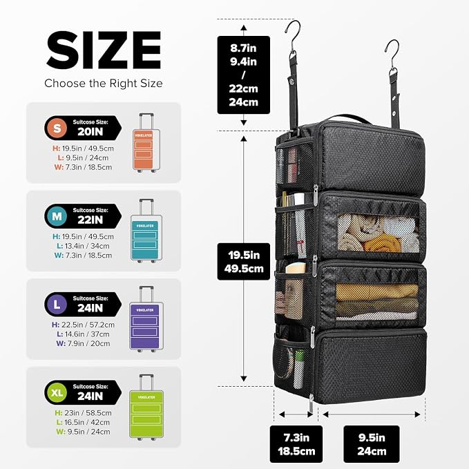 Suitcase Organizer, Travel Luggage Organizer Hanging Shelves Packing Cube Closet/Collapsible Portable Travel Organizer for Carry-on, Small, Black - Image 2