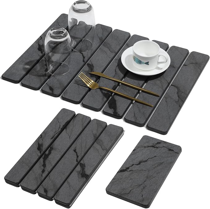2 PCS Stone Dish Drying Mat for Kitchen Counter,Quick Dry Stone Dishes Mats,Marbled Water Absorbing Diatomaceous Earth Drying Pad for Countertop Bottles Utensils Cups（Dark Gray 20"×14" & 8"x4"） by linidcoudhome