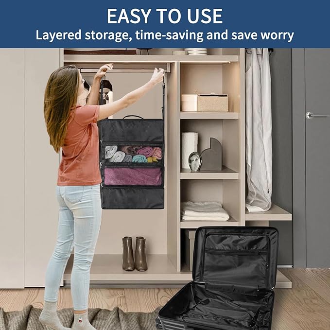 esouler Suitcase Organizer, Travel Luggage Organizer hanging packing cubes for travel，portable hanging travel shelves Collapsible closet organizer for Carry-on (Black, Medium) - Image 6