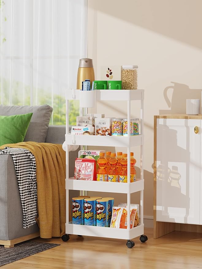 LEHOM Slim Rolling Storage Cart - 4 Tiers Bathroom Organizer Utility Cart | Slide Out Storage Shelves Mobile Shelving Unit for Kitchen, Bedroom, Office, Laundry Room, Small Narrow Spaces (7.1" W+White) - Image 4