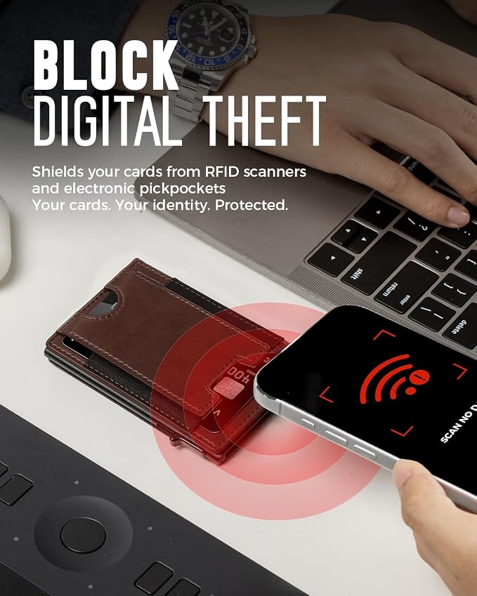 iwantit Slim Wallet for Men Card Holder: Minimalist RFID Blocking Wallet for 8-10 Cards - Smart Pop Up Card Case with Detachable Money Clip - Premium Leather Cardholder, Gift Boxed (Oil Wax Brown) - Image 5
