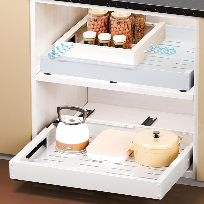 2 Pcs Pull Out Cabinet Organizers, Width (12"-19") and Depth (17"-23") Expandable With 3 Slides, No Drill Slide out Drawers Adhesive Film or Nail Cabinets Without Lip in Kitchen, Bathroom - Image 8