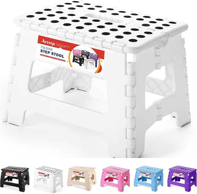 9 Inch Folding Step Stool for Kids and Adults, Holds 300 lb, White | Heavy Duty Foldable Stools, Lightweight, Non-Slip, for Toddler, for Kitchen Bathroom Bedroom Outdoor, Collapsible with Handle by ACSTEP