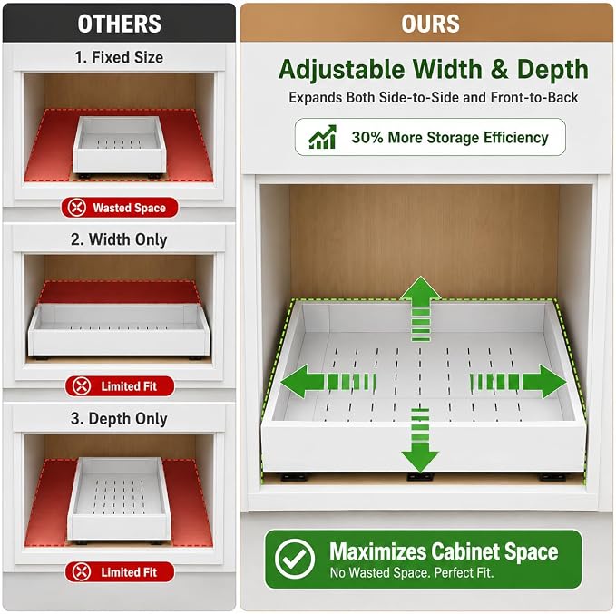 Fokyfok 2PC Pull Out Cabinet Organizer,Expandable,No Drill,Kitchen | 14"-21"W x 17"-24"D,3 Rails,Pull out Drawer,Cabinet Drawer Slide out,Roll Out Shelves,Pantry,Bathroom,Adhesive,Adjustable - Image 3