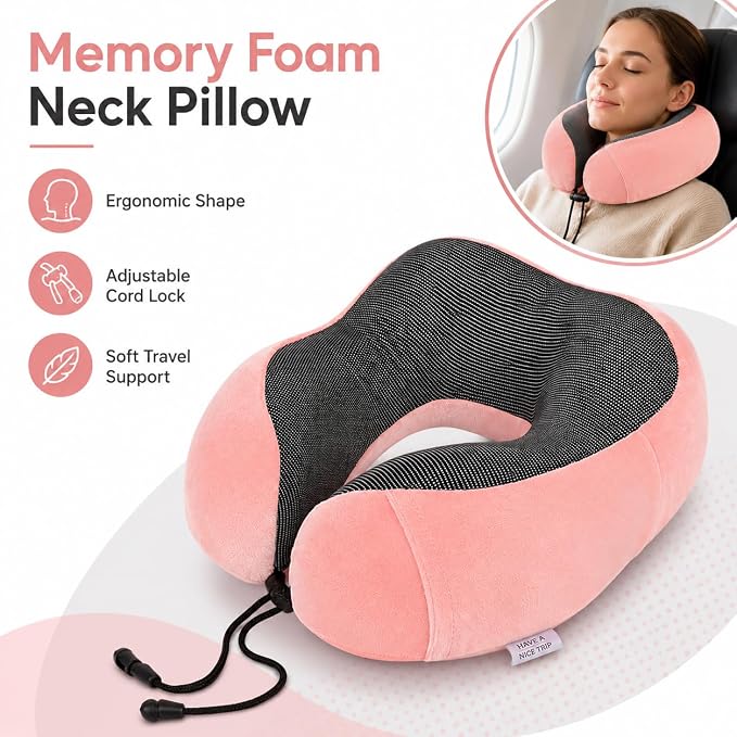 Travel Pillow and Blanket Set - Foot Hammock Rest Airplane Essentials, Pink | Memory Foam Neck Pillow Plane Foot Rest Airplane Accessories Essentials, Foldable Duffel Bag Eye Mask Earplugs for Comfort - Image 4