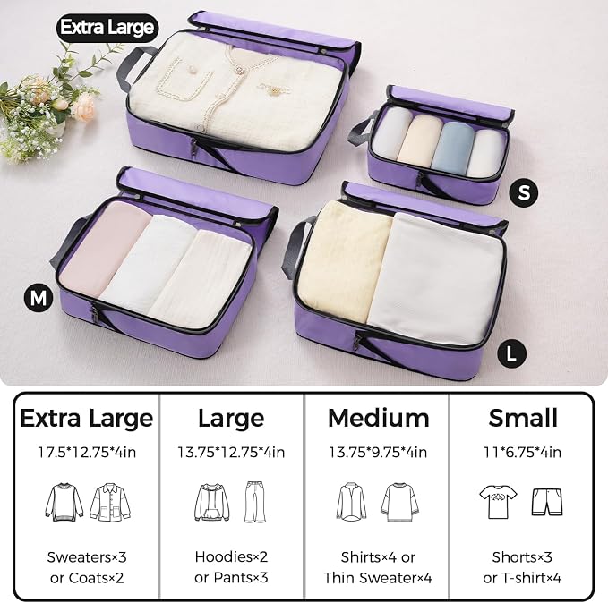 BAGAIL 4 Set/6 Set/8 Set Compression Packing Cubes Travel Accessories Expandable Packing Organizers(Lavender ClothPattern 4 Set) - Image 2