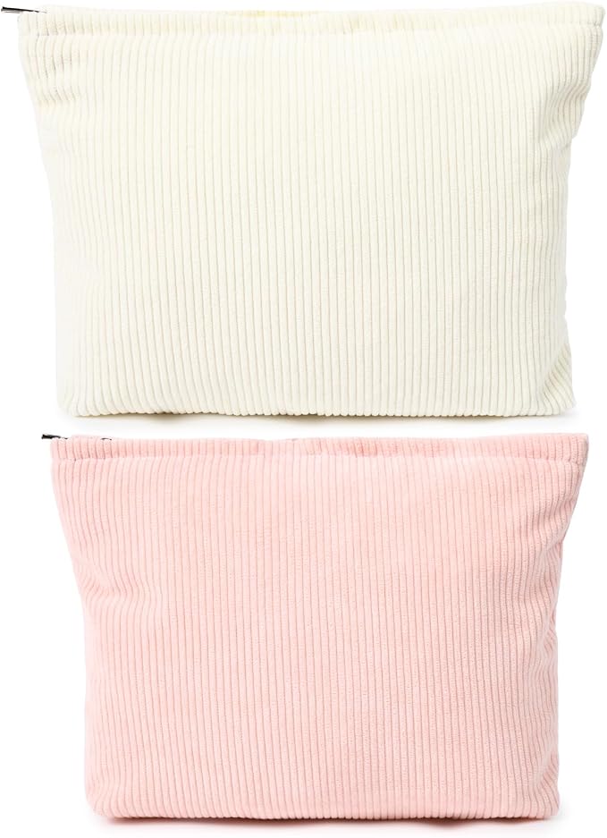 SOIDRAM 2 Pieces Corduroy Makeup Bag Large Corduroy Cosmetic Bag Capacity Canvas Travel Toiletry Bag Organizer Cute Makeup Brushes Aesthetic Accessories Storage Bag for Women, Corduroy L White Pink by SOIDRAM