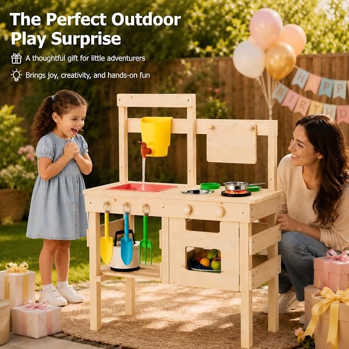 Kids Wooden Mud Kitchen Outdoor Playset, Solid Wood Backyard Pretend Kitchen with Working Faucet, Sink, Cutting Board, Planting Cups, Toy Cookware, Magnetic Cabinet Door and Storage Shelf - Image 9