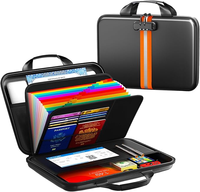 Fireproof Document Organizer with Lock, Rigid EVA File Box with 13-Pocket Accordion Folder for Important Documents & Tablets under 11", Lightweight Safe Storage for Home, Office & Travel (Small Size) by Unknown
