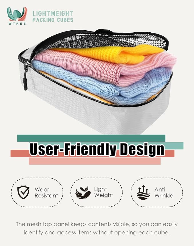 WTREE 4-Piece Packing Cubes Travel Accessories Set for Suitcases - Luggage Organizer Bags with Double Zipper - Mesh Top - Small/Medium/Large/Slim - Beige - Image 3
