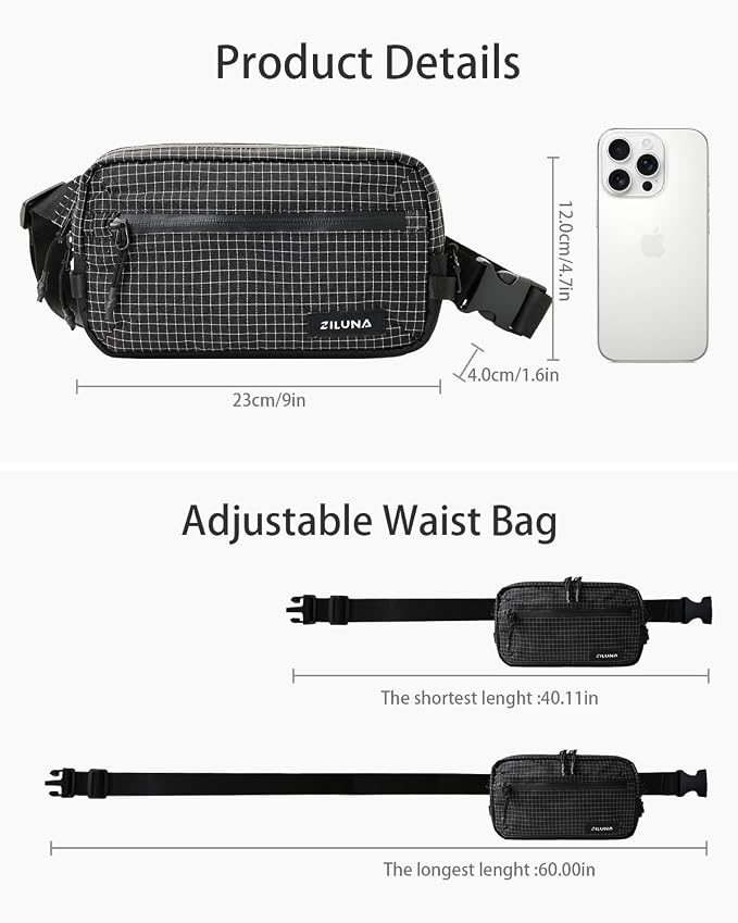 2L Sling Bag for Men & Women - Anti-Theft RFID Blocking Fanny Pack with Lockable Zippers, Water Resistant Lightweight Crossbody Bag for Travel Hiking Running Gym Walking Daily Use(Black Plaid) - Image 6