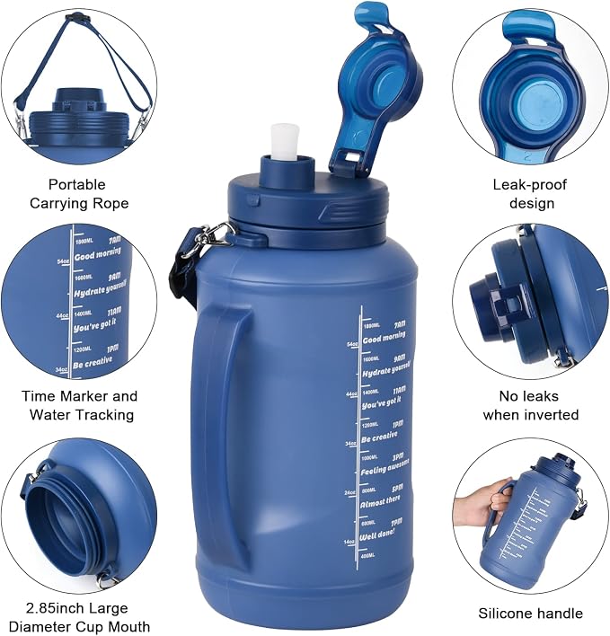 Collapsible Water Bottles, 2L/64OZ travel water bottle Bottle with Straw, Half Gallon Large Water Bottle for Travel Outdoor Sports Runing Fitness Yoga (Upgraded blue) - Image 4