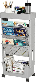 5-Tier Rolling Bookshelf Magazine Rack with Wheels Gray | Mobile Bookcase, Book Storage File Folder Organizer Cart for Home Study Office Living Room Classroom by yeavs