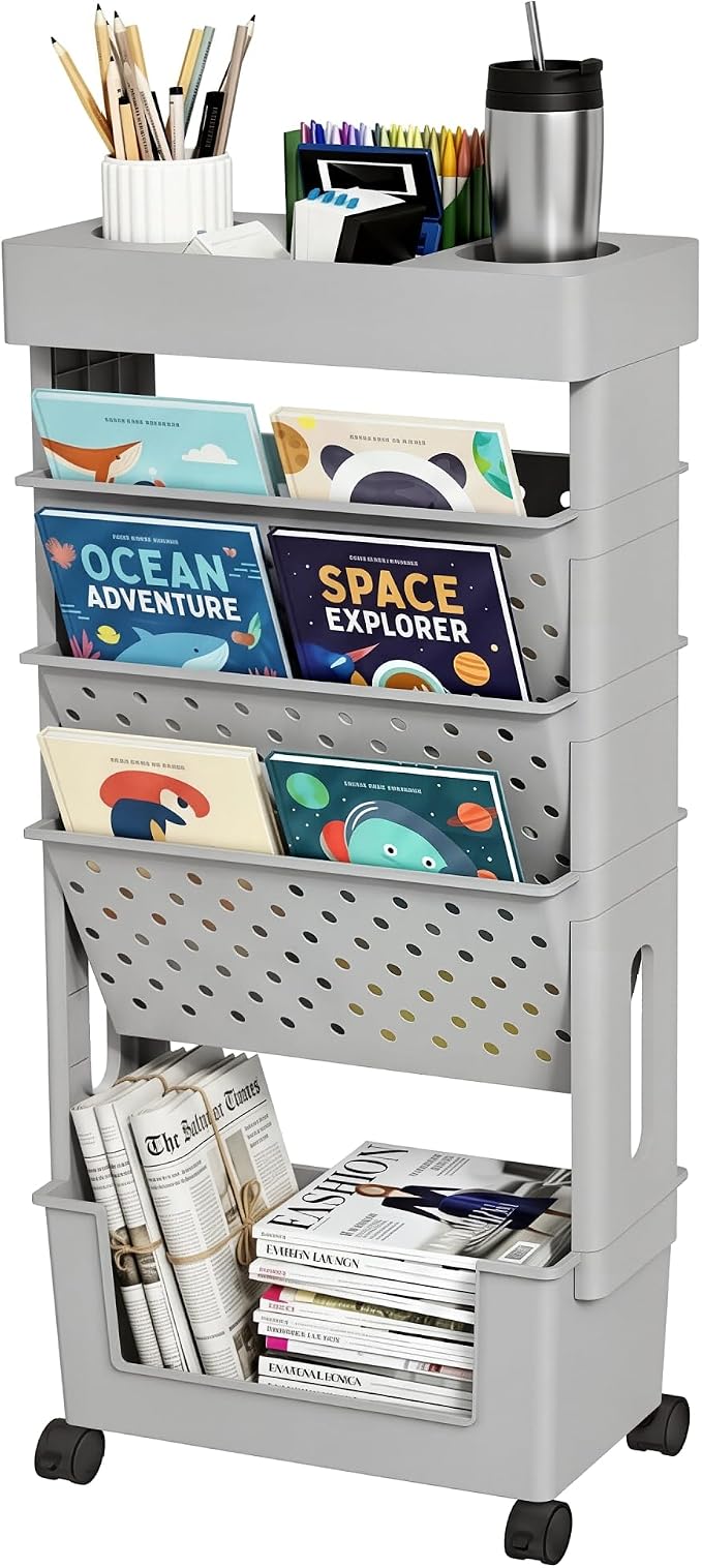 5-Tier Rolling Bookshelf Magazine Rack with Wheels Gray | Mobile Bookcase, Book Storage File Folder Organizer Cart for Home Study Office Living Room Classroom by yeavs