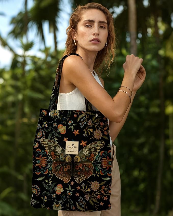 Miss Adola Corduroy Tote Bag for Women with Aesthetic Design | Magnetic Buckle & Pocket, Reusable, Soft, Roomy, Long Shoulder Handles, Double-sided Print, Casual Daily Work, Grocery Bags - Image 3
