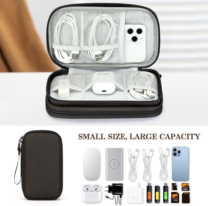 FYY Electronic Organizer, Travel Tech Pouch Bag, Medium, Coffee | Wrist Strap, Waterproof, Double Layers Portable Electronics Travel Carrying Case for Cord, Charger, Daily Business Trips Use - Image 6