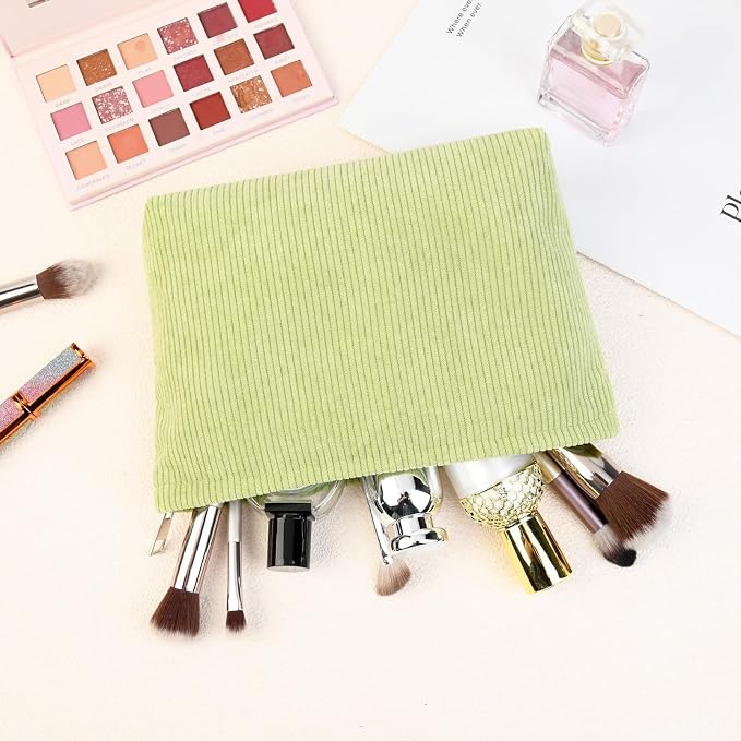 SOIDRAM 2 Pcs Corduroy Makeup Bag Large Cosmetic Bag Toiletry Bag Makeup Pouch Travel Bag Organizer Cute Makeup Brushes Aesthetic Accessories Storage Bag for Women Light Green - Image 5