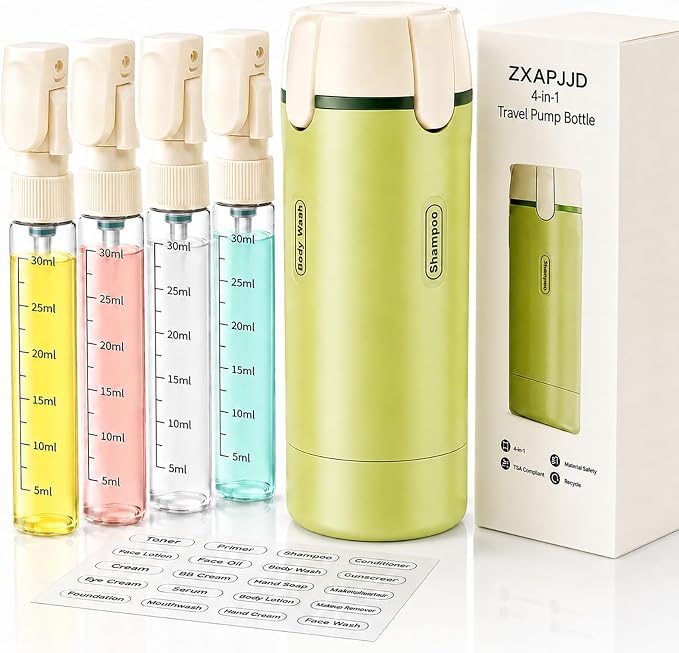 4-in-1 Travel Dispenser Bottle, TSA Approved Leakproof Set(Green) | 4-in-1 rotatable design, leakproof hard shell, 4x30ml/1oz liquid containers, TSA carry-on approved, essentials for women&men by ZXAPJJD