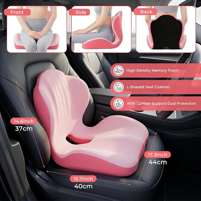 Memory Foam Seat Cushion with Lumbar Support Pillow for Truck Driver, Ergonomic L-Shaped Car Seat Cushion for Tailbone Pressure Relief, Non-Slip Chair Pad for Long Driving (Pink) - Image 2