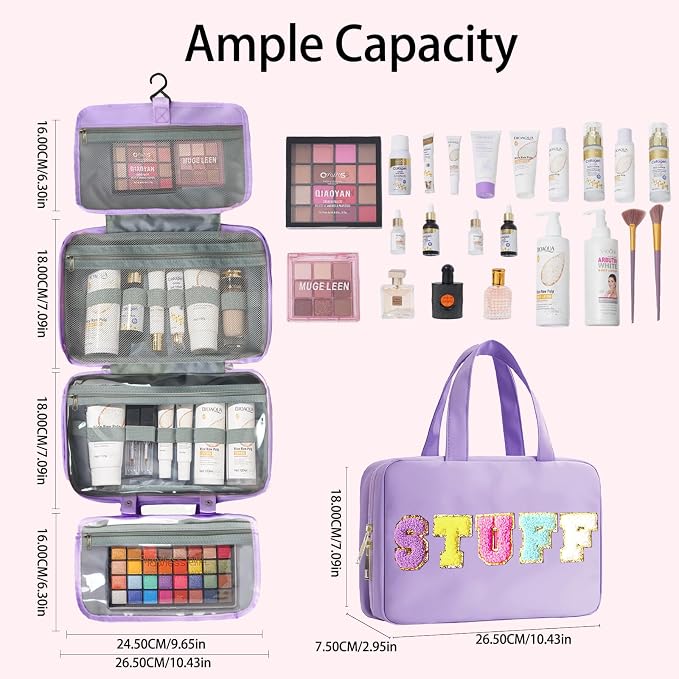 Toiletry Bag for Women Chenille Letter Makeup Bag Water-resistant Cosmetic Bag Travel Bag with Hanging Hook Preppy for Store Toiletries Cosmetic Accessories Medium Purple - Image 4