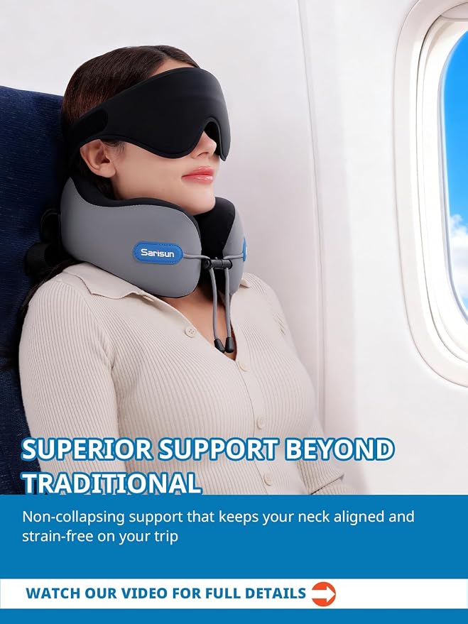 SARISUN Travel Neck Pillow for Airplane, Combo 3D Eye Mask and Seat Strap | 360°Airplane Sleep Support,Premium Memory Foam,Adjustable Buckle,Travel Essential for Long-Haul Flights,Car Road Trip Grey - Image 3