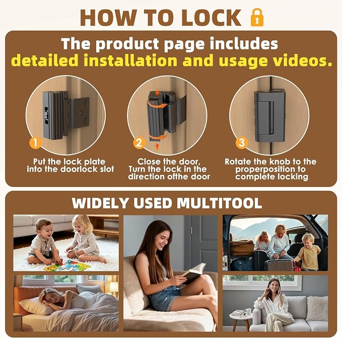 Home Security Door Reinforcement Lock,for Home Safety & Privacy(Drilling) | Child Proof Door Lock,Extra Door Lock from Inside Prevent Unauthorized Entry - Image 2