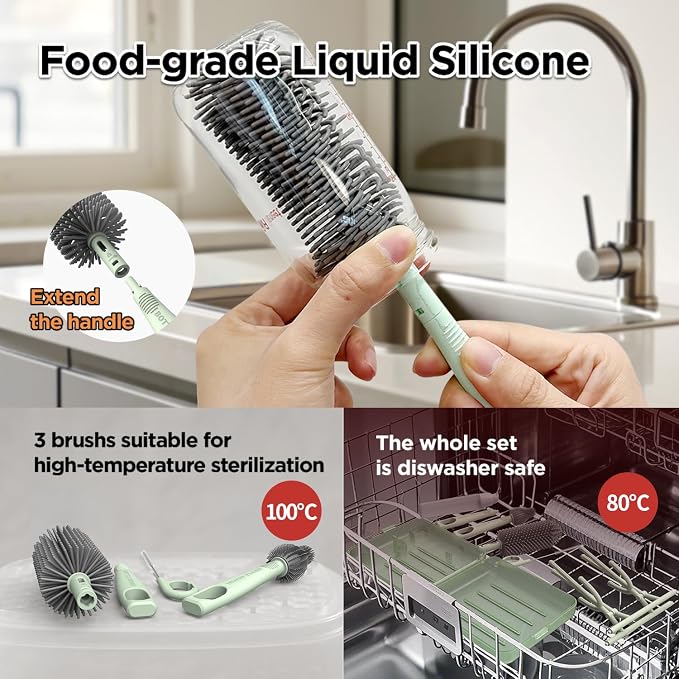 Travel Bottle Brush Set, Foldable Drying Rack, Dispenser | For On-The-Go Parents, 3 Silicone Brushes, Foldable Rack, Dispenser. Drying Slots, BPA-Free. - Image 5