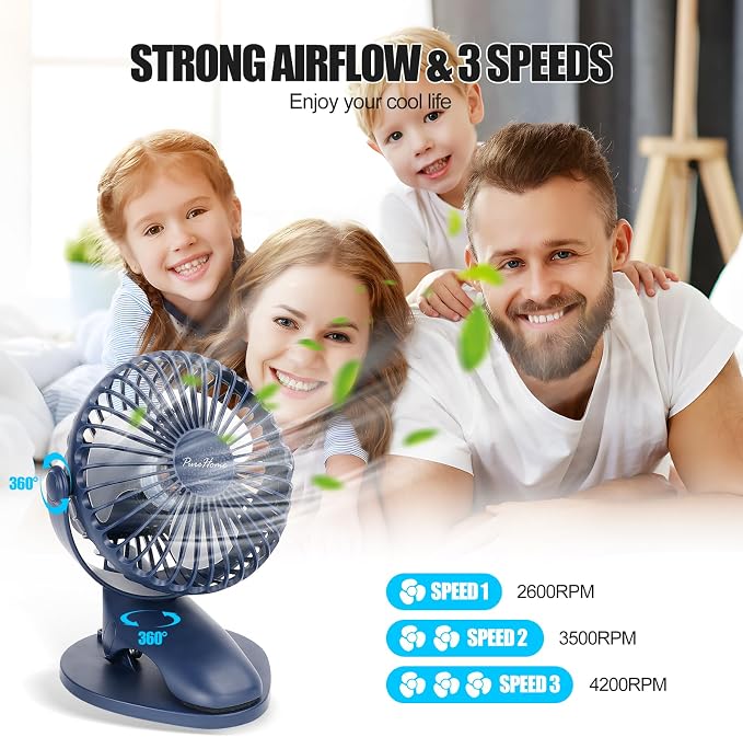 Portable Clip Fan Battery Operated,3 Speeds USB Rechargeable Mini Table Fan with Strong Airflow,360°Rotation Ultra Quiet Personal Desk Fan for Home Office Bedroom Dorm Stroller Camping - DeepBlue - Image 2