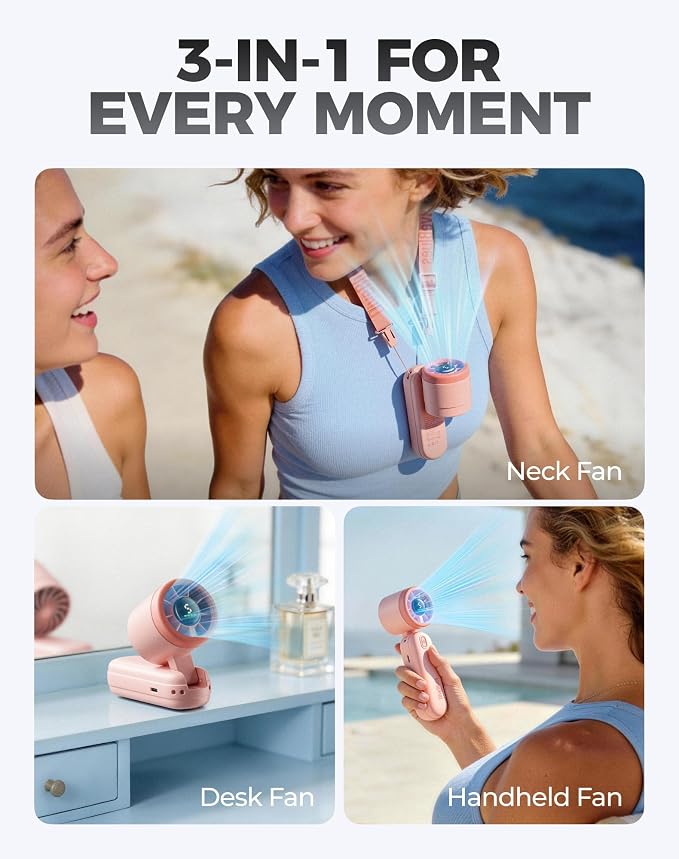 Diveblues Mini Portable Handheld Turbo Fan 27ft/s, 4000mAh Battery | 12H Max Cooling, 5 Speeds, LED Display, Quiet Motor, 3-in-1 Handheld/Neck/Desk Fan for Travel, Cruise & Disney Essentials - Image 5