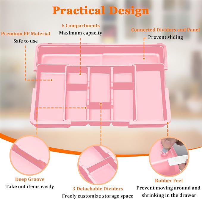 Large Utensil Drawer Organizer Expandable Silverware Organizer for Kitchen Drawer Adjustable Cooking Utensil Holder Cutlery Flatware Tray Spatula Tools Gadgets Storage Dividers Plastic Pink - Image 7