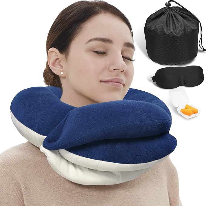 Travel Neck Pillows for Airplanes, Memory Foam 360° Head Support Sleep for Long Flight, Skin-Friendly & Breathable, Kit with Eye Mask, Earplugs and Storage Bag (Adult, Navy, 90+ lbs) by BUYUE