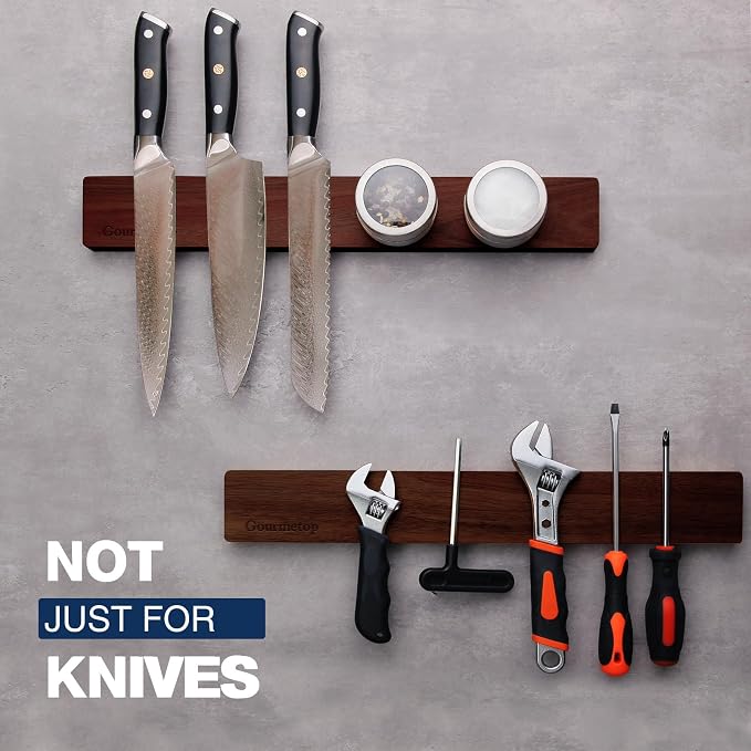 Knife Magnetic Strip 16”, Acacia Wood Knife Holder for Wall Moun | No Drill for Fridge, Dual-Row Magnet Hold 9 Knives & Heavy Cleaver, 3M Tape & Screw Mount, Kitchen Knife & Utensil Organizer - Image 6