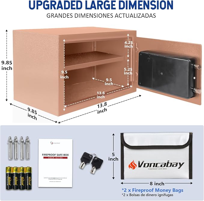 Voncabay Money Safe Box for Home with Digital Keypad, 0.8 Cu. Ft., Khaki | Alloy Steel, 2 Fireproof Bags, Digital Keypad with Display, Removable Shelf, Fits A4, 13.8 x 9.85 x 9.85 In. - Image 2