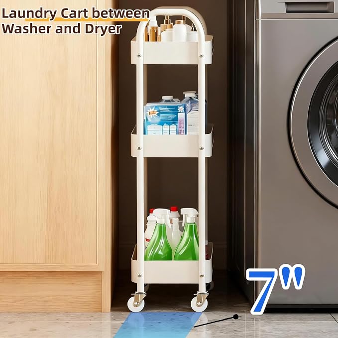 3 Tier Narrow Rolling Storage Cart for Laundry Room Bathroom Kitchen, 7.1'' Slim Utility Cart with Wheels and Lockable Casters Standing Shelf for Small Space & Between Washer and Dryer, White - Image 2