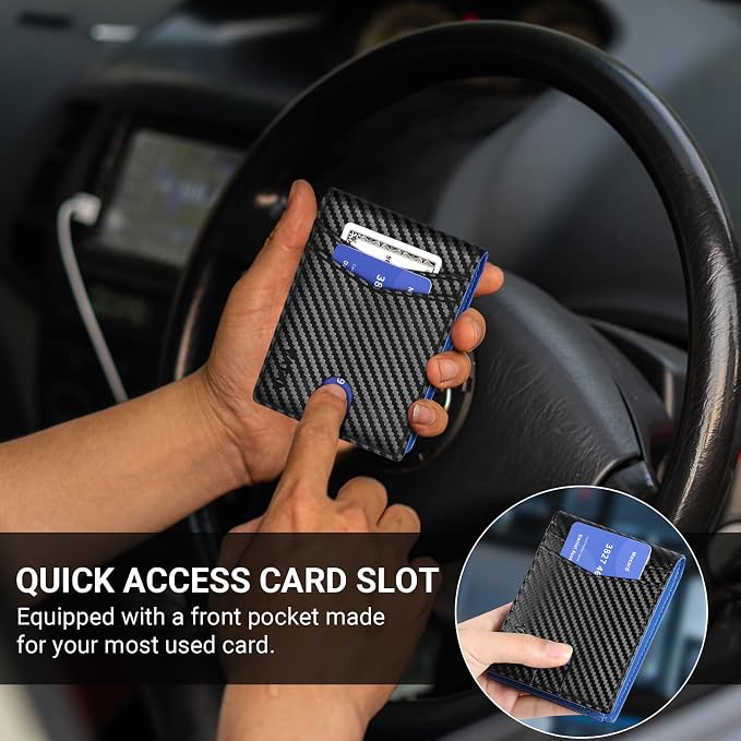 VATAN Wallet for Men Slim RFID Blocking Leather Credit Card Holder Wallet for 15 Cards, Bifold Minimalist Thin Wallet with 2 ID Windows & Cash Slot, With Gift Box (Carbon Black and Blue) - Image 6
