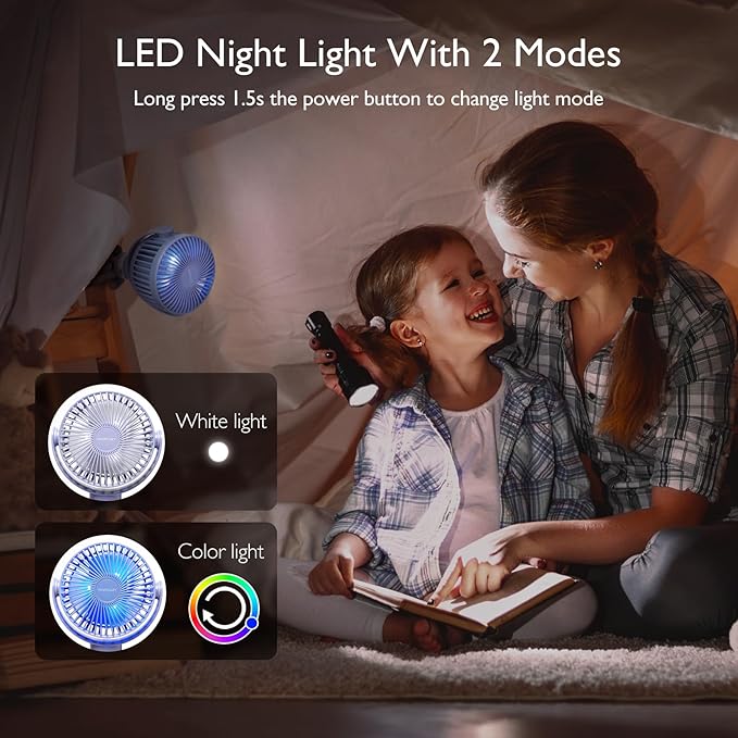 Momcozy 8000mAh Portable Stroller Fan, 27H Ultra-long Battery Life | Detachable 4 Speed 360°Rotate LED Night Light with 2 Modes, USB Rechargeable Handheld Cooling Fan for Travel/Car Seat/Bedroom - Image 6
