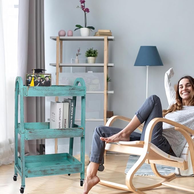 3-Tier Rolling Utility Cart with Lockable Wheels Storage Slim Storage Heavy Duty Cart Mobile Shelving Unit Craft Narrow Organizer for Bathroom Laundry Kitchen (Vintage Blue) - Image 4