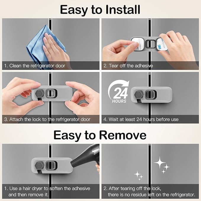Child Proof Refrigerator Lock for Kids, 2 Pack Baby Safety Fridge Locks for Kids, No Tools Need or Drill Freezer Latch to Keep Door Closed for Residential Garage Fridge or Camper RV Refrigerator, Gray - Image 8