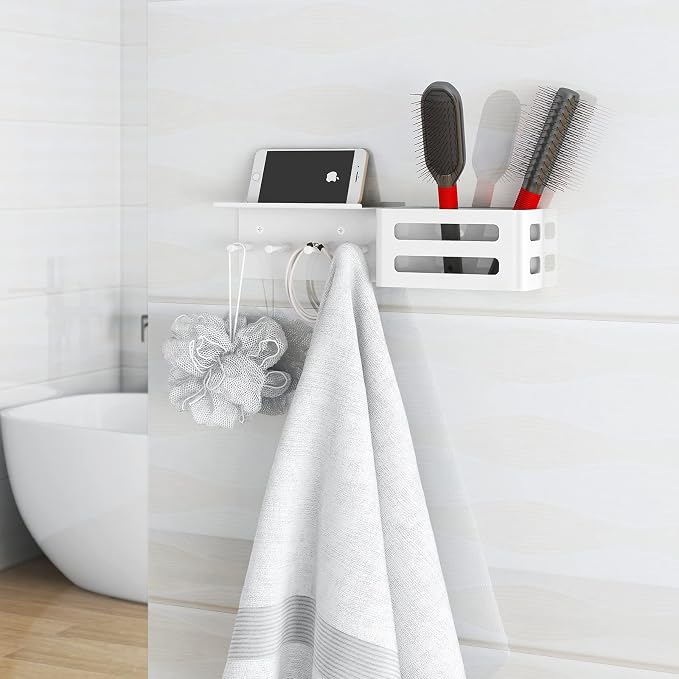 MKO Key Holder Wall Mount, Adhesive Key Hanger with 4 Hooks for Wall, White | Metal Material, Key Rack with Shelf, Wall Mount, Mail Organizer Tray, Suitable for Entryway, Hallway, Living Room - Image 4