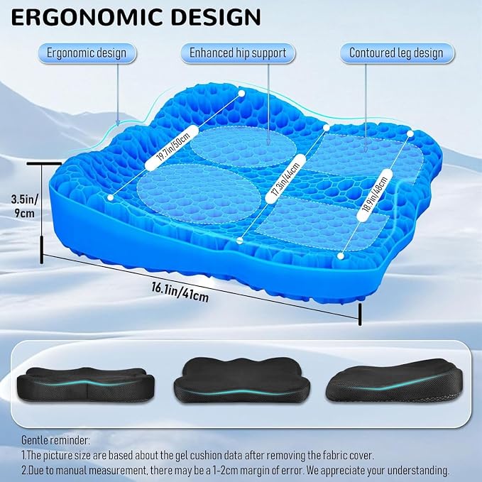 Gel Seat Cushion, Thickened Big Breathable Honeycomb Design Absorbs Pressure Points Gel Cushion with Anti-Slip Cover Seat Cushion for Office Chair Home Car Seat Cushion for Wheelchair - Image 2