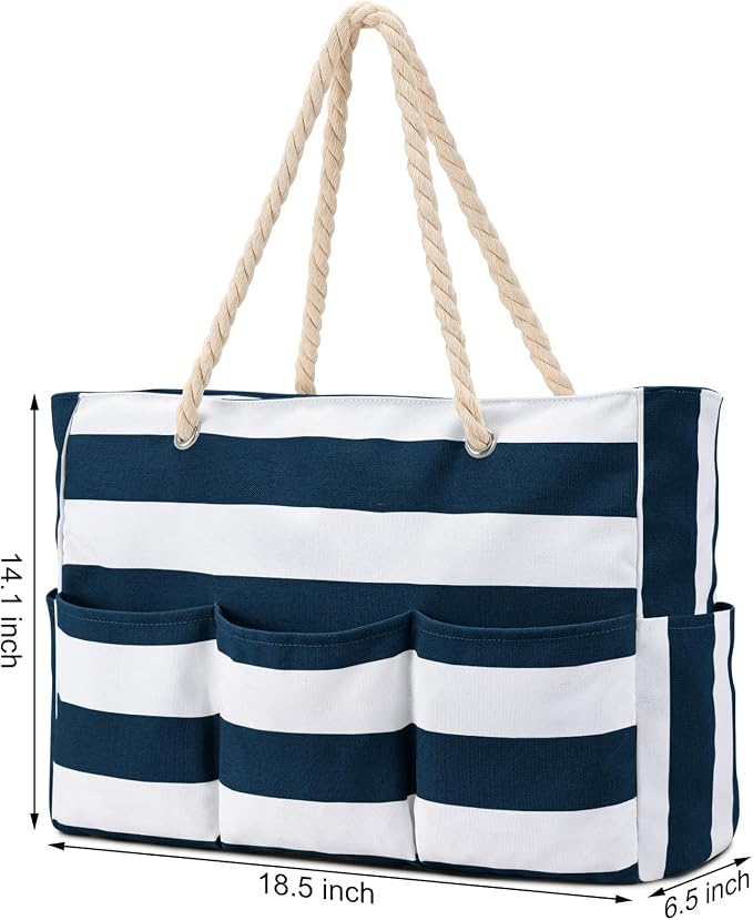 Becokan Beach Bags for Women Canvas Large Beach Tote Bag Zipper Waterproof Sandproof Foldable Swim Pool Bag with 7 Pockets - Image 6
