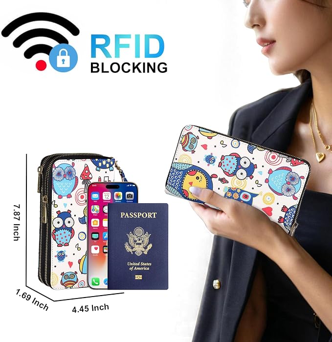 Cellphone Wallet for Women with Wrist Strap, RFID Blocking Credit Card Holder Large Size Clutch Purse, Owl - Image 2