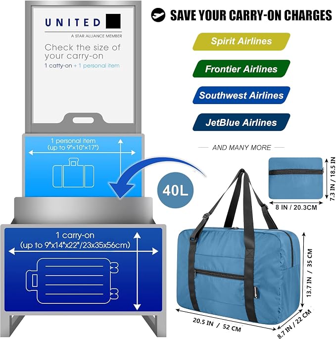 Duffle Bag for Travel Foldable Personal Item Travel Bag, 40L, Airforce Blue | Carry On Duffel Bag Women Men Frontier Airlines Personal Item Bag Hospital Weekend Overnight Trips - Image 2