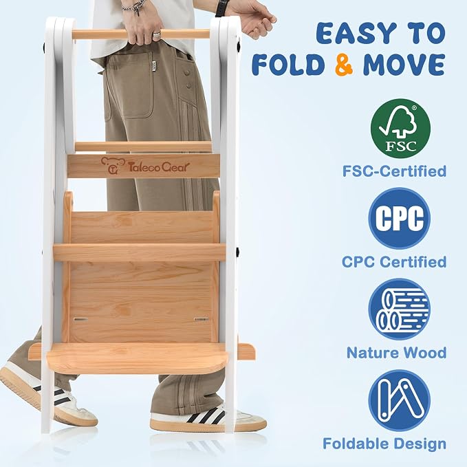 Foldable Toddler Tower, 3 Adjustable Height, Toddler Kitchen Stool Helper | Wooden Standing Tower with Safety Net ,Safety Feet,for Kitchen, Bathroom, Study Room,Offer Customer Service - Image 3