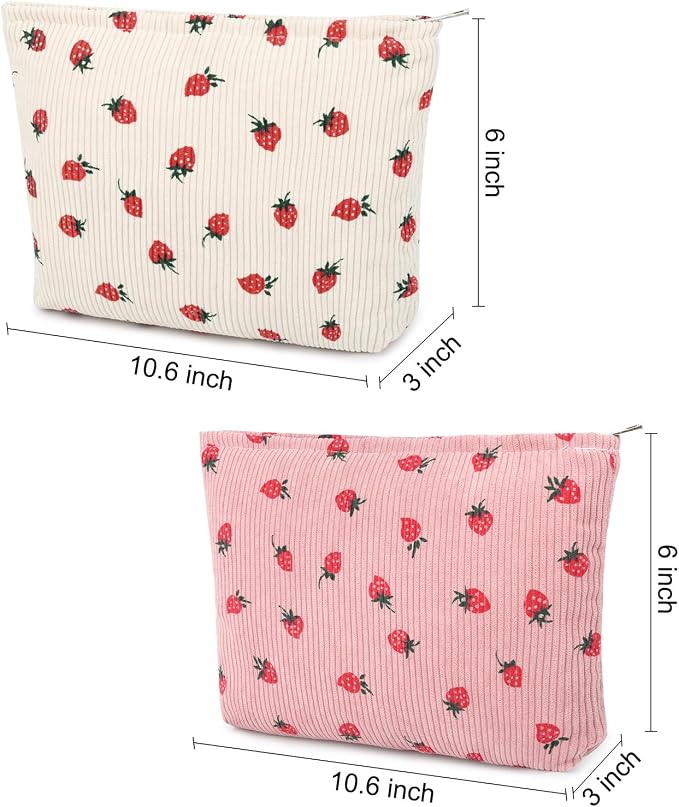 SOIDRAM 2 Pcs Cute Makeup Bag Large Cosmetic Bag Toiletry Bag Makeup Pouch Travel Bag Organizer Cute Makeup Brushes Aesthetic Accessories Storage Bag for Women Strawberry Pink Beige - Image 3