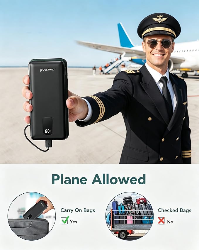 charmast Portable Charger Power Bank 10000mAh with Built-in AC Wall Plug | Built-in Cables,5 Outputs,Flight-Safe,Slim Travel Phone Charger for iPhone 17 14,Samsung Galaxy,iPad,Android,Smartwatch,etc - Image 6