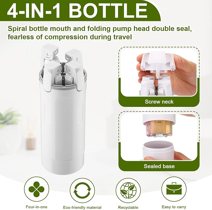 4 in 1 Travel Dispenser with 4 Pack 30ml Travel Bottles and Label Refillable & Leak Proof Portable Toiletry Containers with Locks for Shampoo Lotion Conditioner Cream (White) - Image 4
