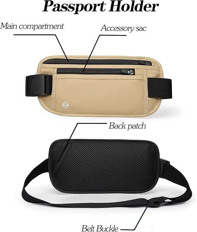 Khaki Hidden Money Belt for Travel for Men, Waist Wallet Anti Theft, RFID Passport Holder For Travel Men Or Women, Money Pouch, RFID Passport Holder - Image 3