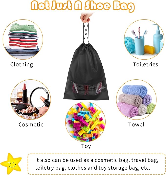 Black Travel Shoe Bags - 10 Pcs Non-Woven Packing Bags with Clear Window | 15.7" x 11.8" Waterproof Dustproof Portable Travel Shoe Storage Bag for Men and Women - Image 6
